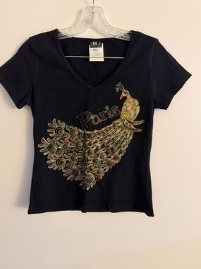 Black V-Neck Tee with Multicolor Peacock and Paris Script